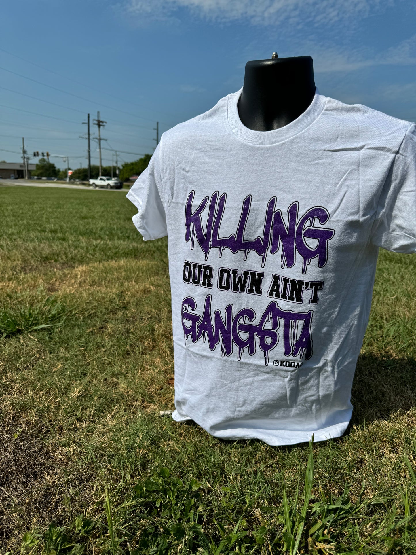 White Shirt Purple Letters